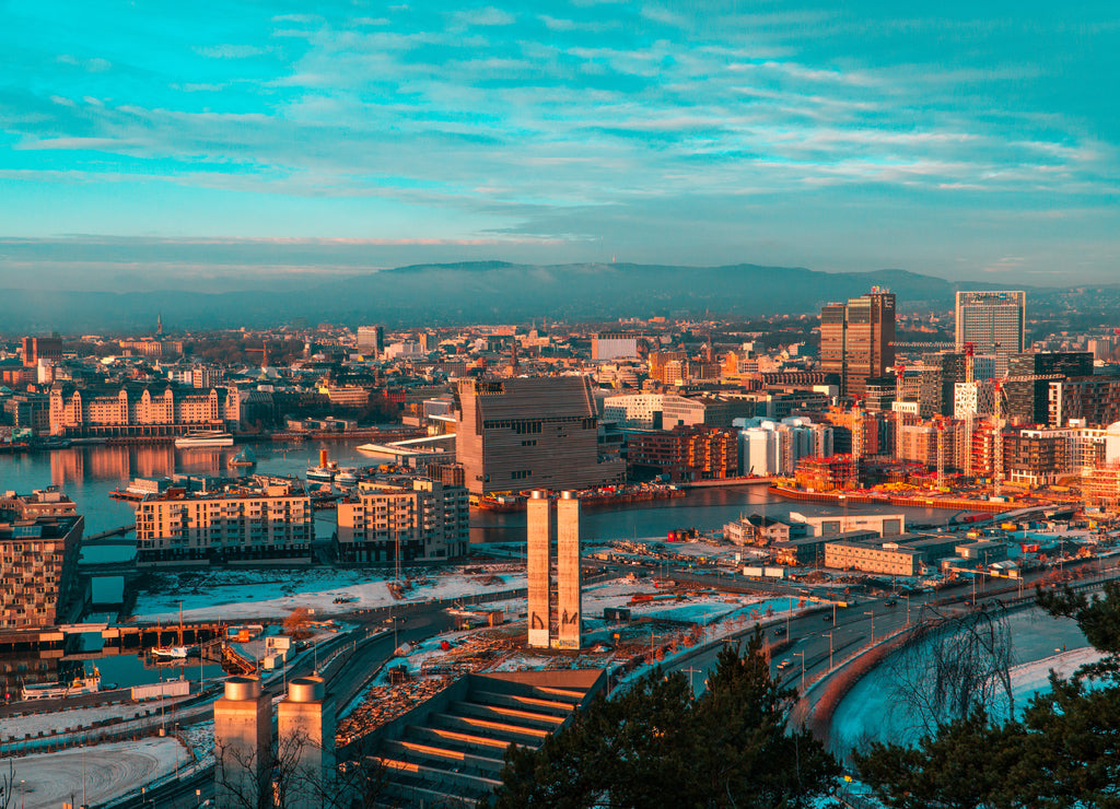 Sunset in Beautiful architecture Oslo city Norway