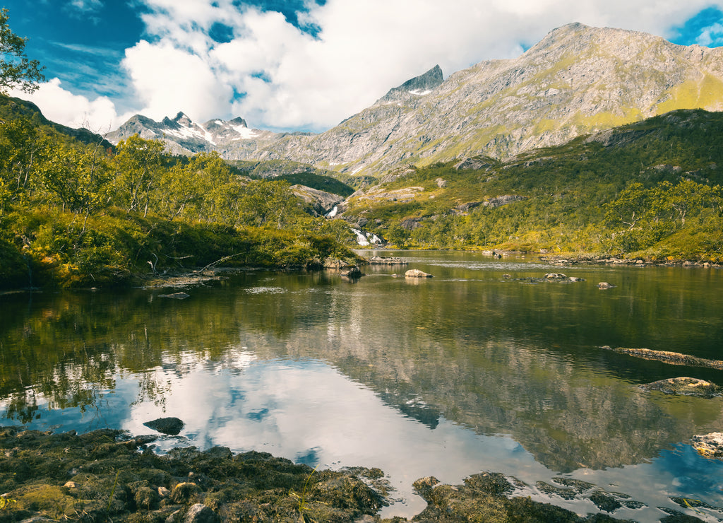 Beautiful scenery, mountains and lakes River in Vesteralen Norway, a trip to Northern Europe
