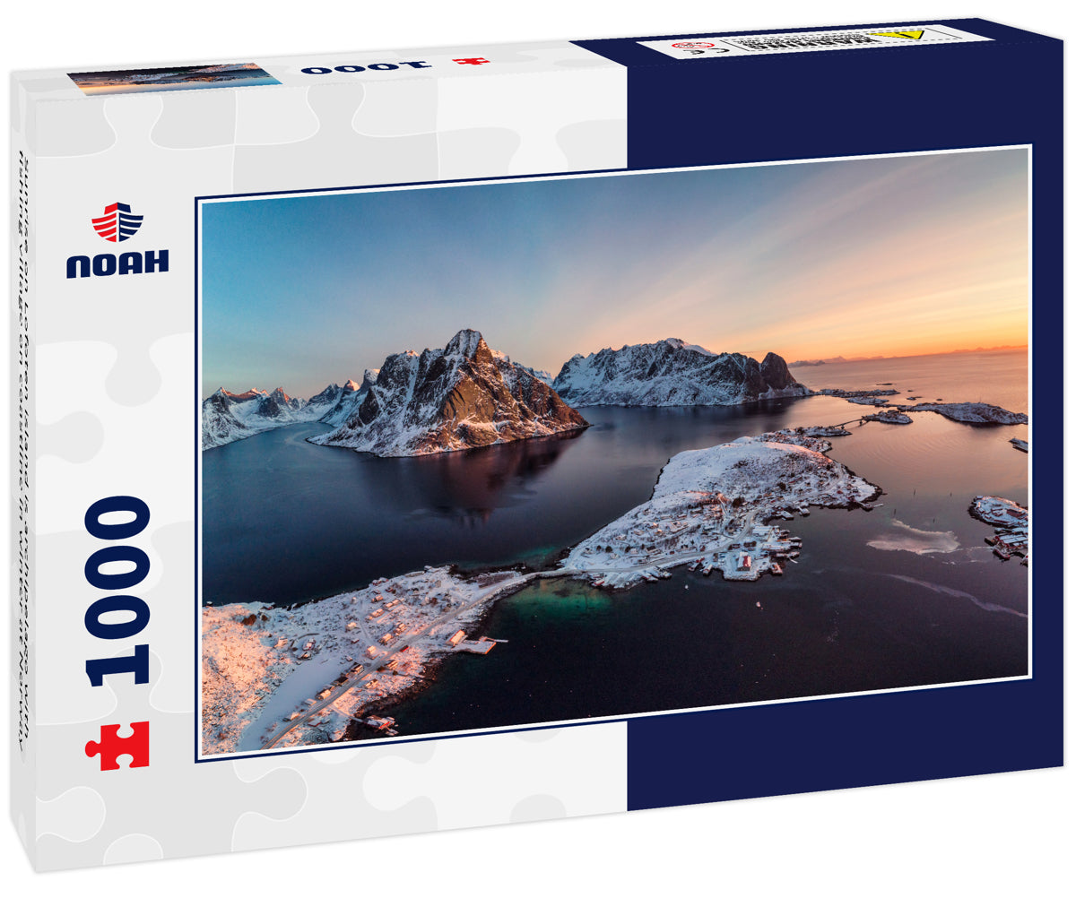 Sunrise on Lofoten island is archipelago with fishing village on coastline in winter at Norway