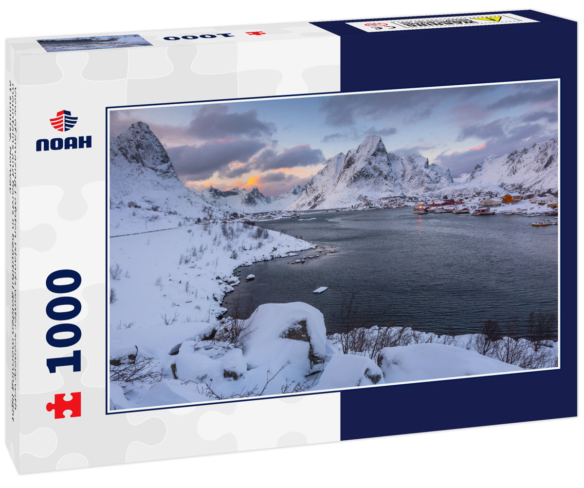 View of amazing Lofoten Islands winter scenery with mountains and fiords in beautiful golden morning light at sunrise, Norway