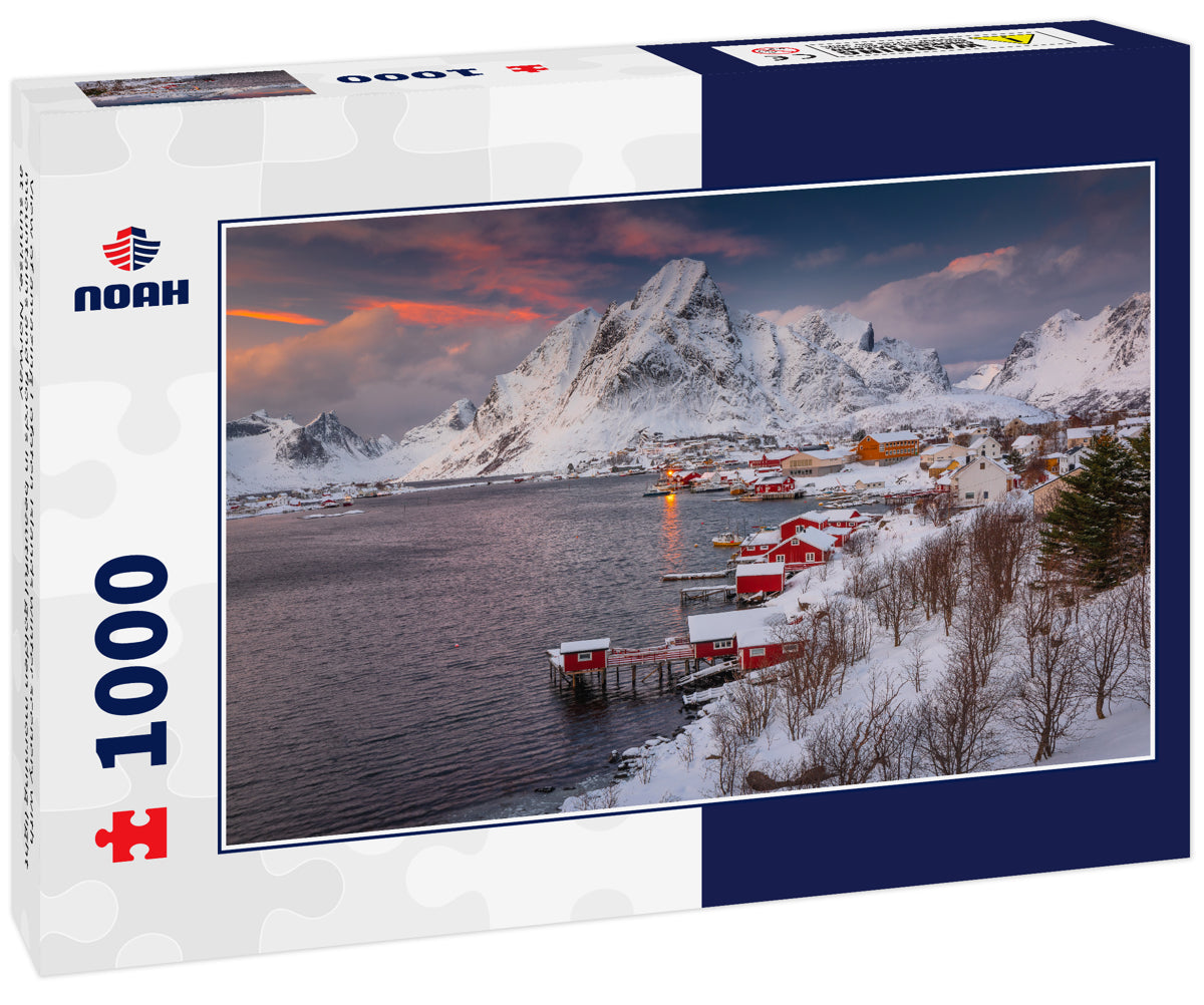 View of amazing Lofoten Islands winter scenery with mountains and fiords in beautiful golden morning light at sunrise, Norway