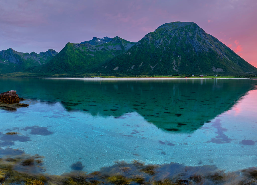 Colourful sunset over Norwegian fjords in Lofoten Archipelago, Lofoten, Norway