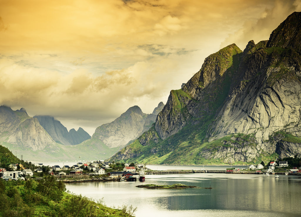 Fjord and mountains landscape. Lofoten islands Norway