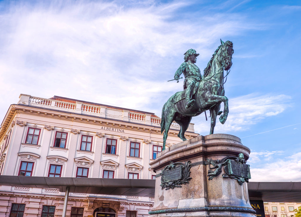 Monument of franz joseph and albertina museum in vienna, austria, sunset with blue sky