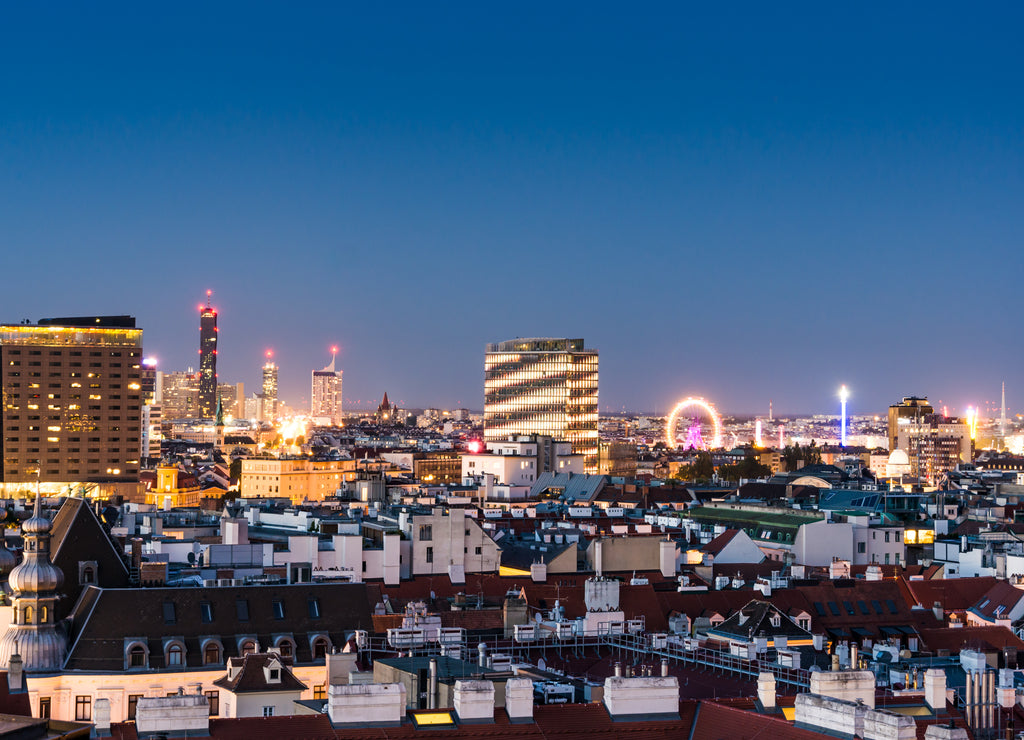Aerial view over the cityscape of Vienna at night