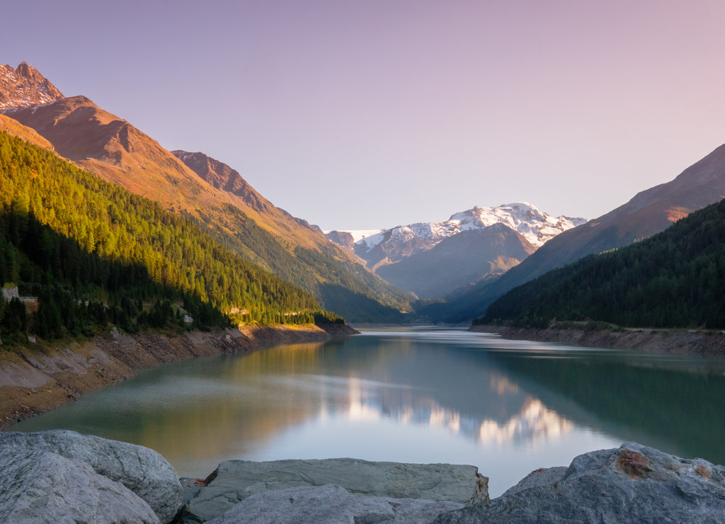 Evening at the gorgeous Gepatsch Reservoir in the Kauner Valley (Tyrol, Austria). This valley features one of the most beautiful mountain roads, the Kauner Valley Glacier Road