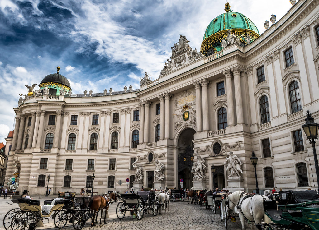 Presidents Residence, Wiener Hofburg, With Fiaker Horses And Coaches In The Inner City Of Vienna In Austria