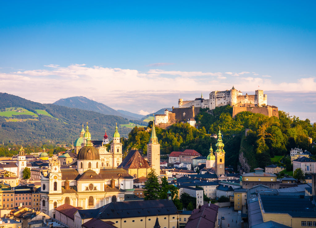 Beautiful view on Salzburg cityscape with Festung Hohensalzburg in the summer, Salzburg, Austria