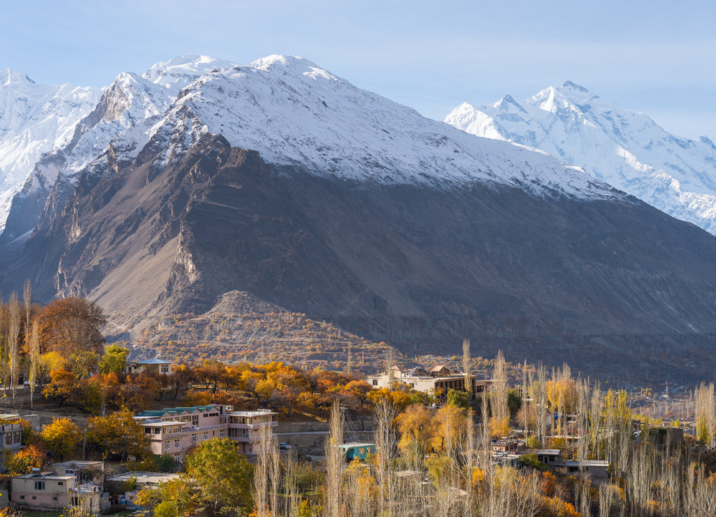 Hunza valley in autumn season surrounded by Karakoram mountain range in Gilgit Baltistan, Pakistan