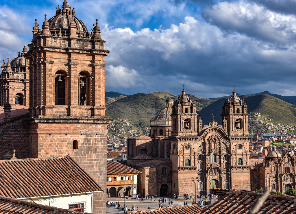 Panoramic view of the Plaza de Armas, Cathedral and Compania de Jesus Church in Cusco, Peru