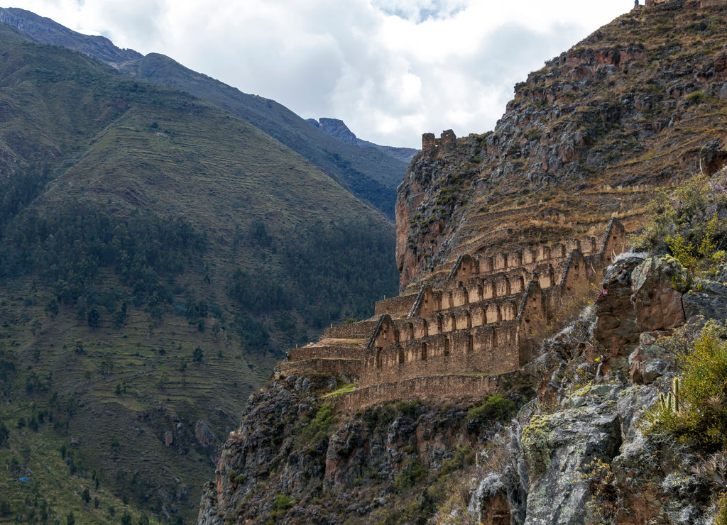 Peruvian mountain landscape with Ruins of Ollantaytambo in Sacred Valley of the Incas in Cusco, Peru