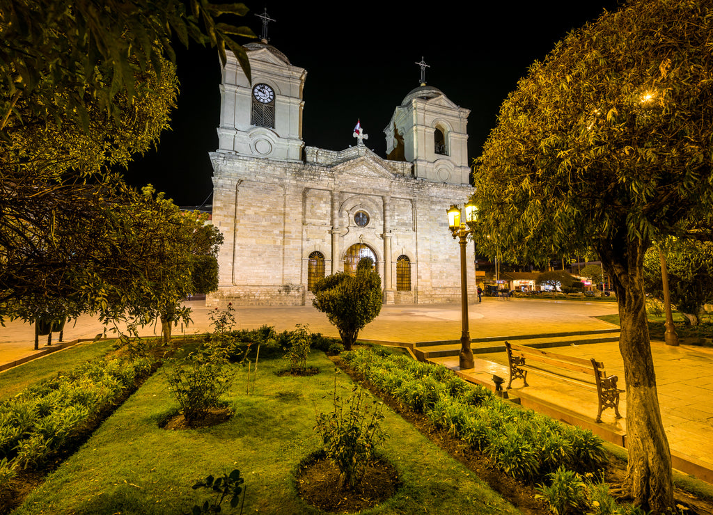 Night view of the Huancayo cathedral in Peru