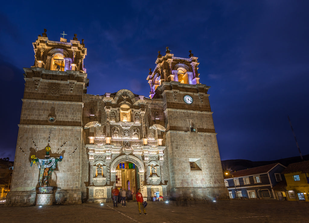 Panoramic view of the Cathedral of Puno at night in Peru