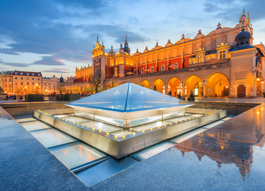 Cloth Hall Sukiennice building at night on main square of Krakow city, Poland