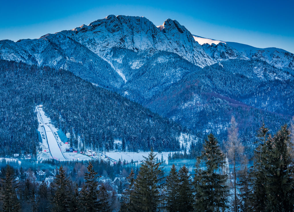 Giewont peak at dawn in Zakopane in winter, Tatra Mountains, Poland