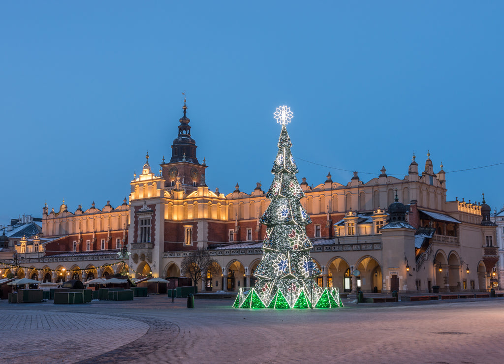 Krakow, Poland, Cloth hall (Sukiennice) and Main Market square with Christmas tree