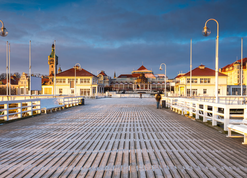Cold morning, Pier in Sopot at sunrise with amazing colorful sky. Winter in Poland