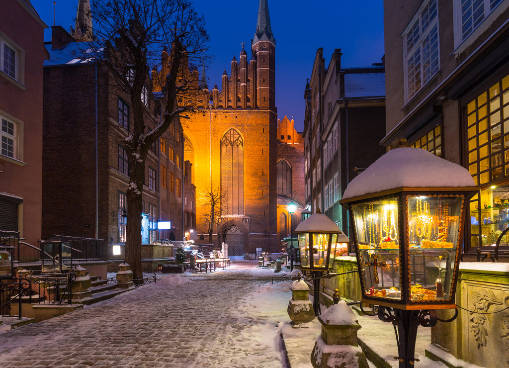 Mariacka street in Gdansk at snowy winter, Poland