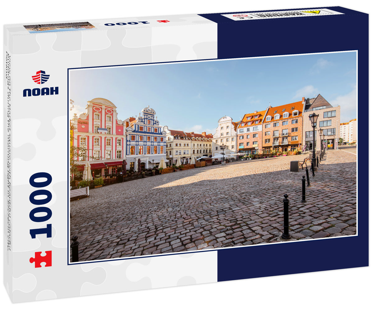 View on the Market square with beautiful colorful buildings during the morning light in Szczecin city, Poland