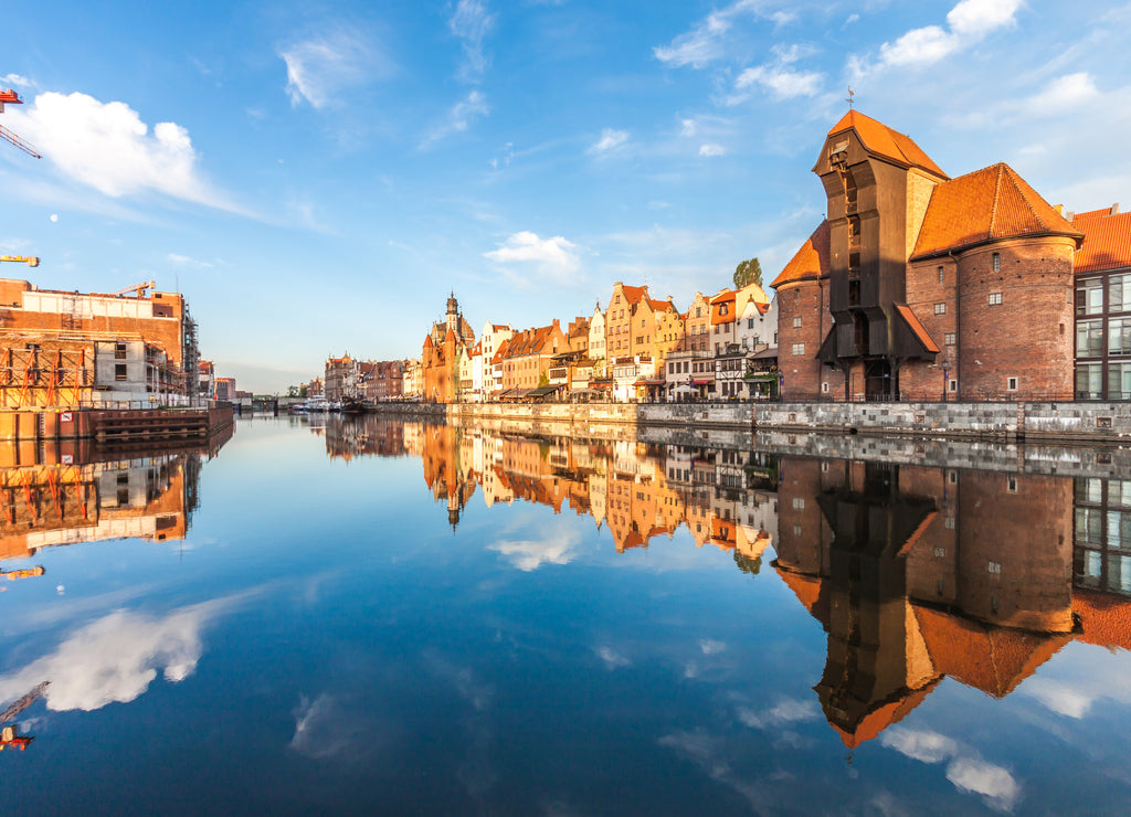 Gdansk old town and famous crane at amazing sunrise. Gdansk. Poland