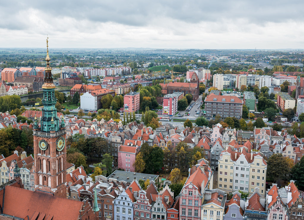 Aerial view from Basilica of the Assumption of the Blessed Virgin Mary known as St. Mary's Church on Old Town in Gdansk