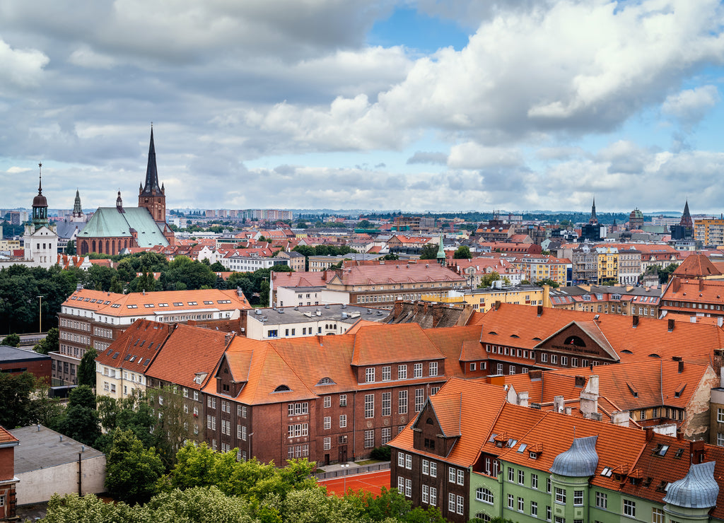 Aerial view on Szczecin skyline with Cathedral Basilica of St James the Apostle and old orange brick buildings of the old town, Poland