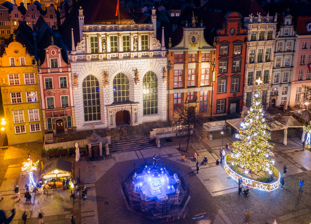 Christmas tree and decorations in the old town of Gdansk at dusk, Poland