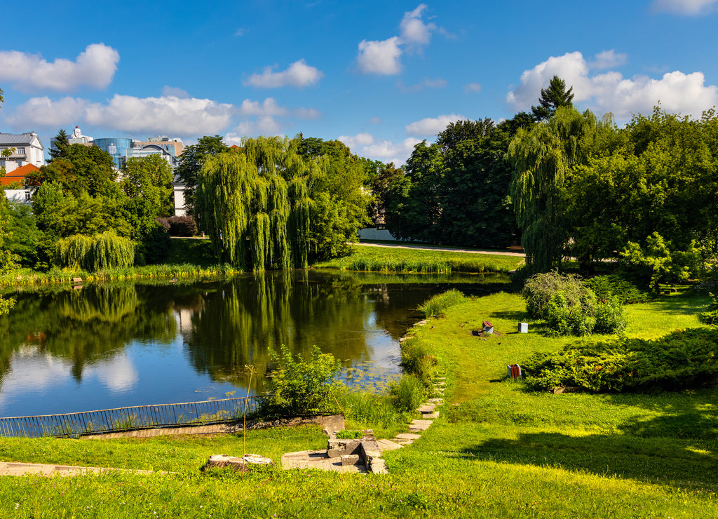 Morskie Oko pond park below Pulawska and Dworkowa street in Mokotow district with Srodmiescie downtown view of Warsaw in Poland