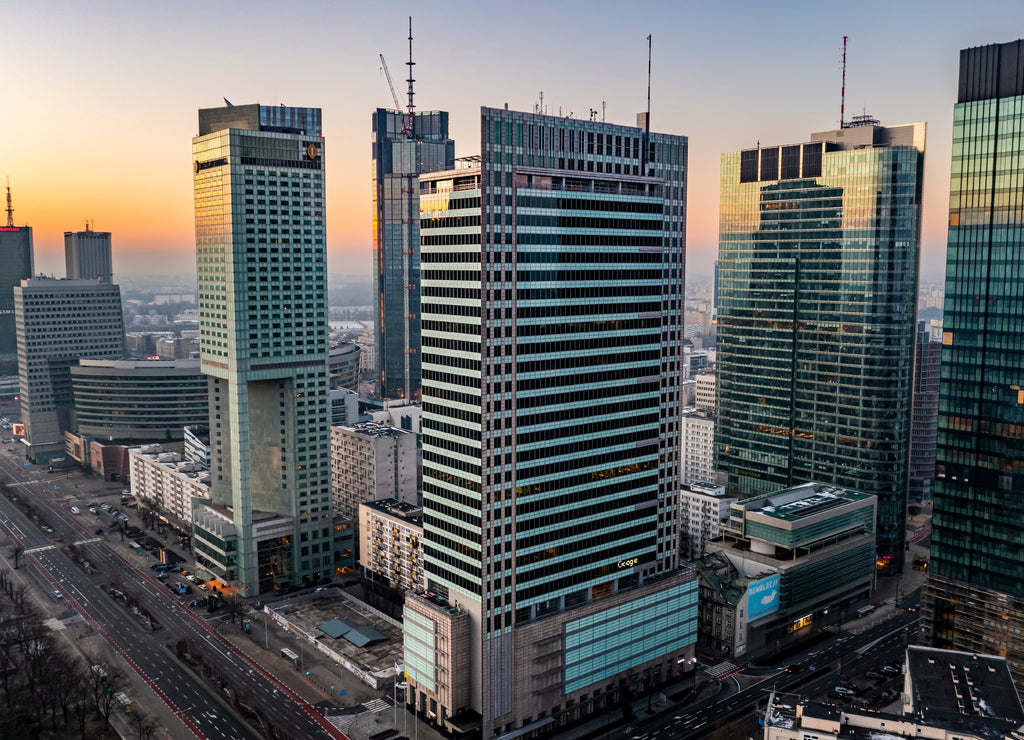 Warsaw city center during the January sunrise