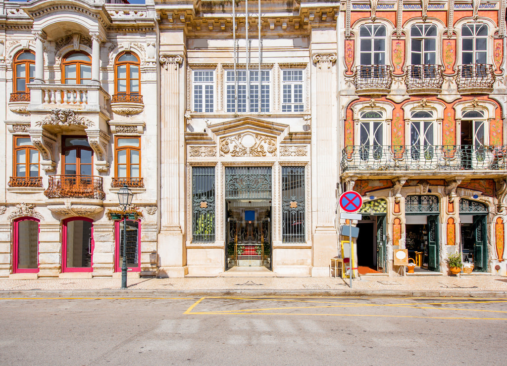 View on the beautiful old facades buildings in Art Nouveau architectural style in Aveiro city in Portugal