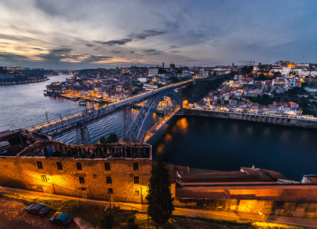 View from Vila Nova de Gaia city on Douro River and Porto city, Portugal