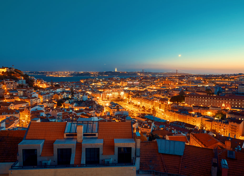 Lisbon lighted city at sunset blue hour