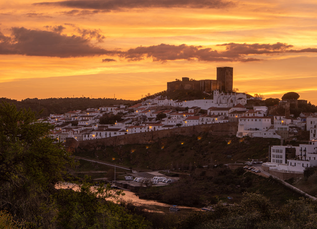 Sunset in Mertola, village of Portugal and its castle. Village in the south of Portugal in the region of Alentejo