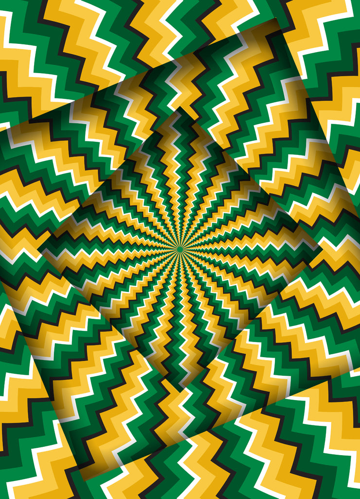 Abstract turned frames with a rotating green yellow zigzag pattern. Optical illusion