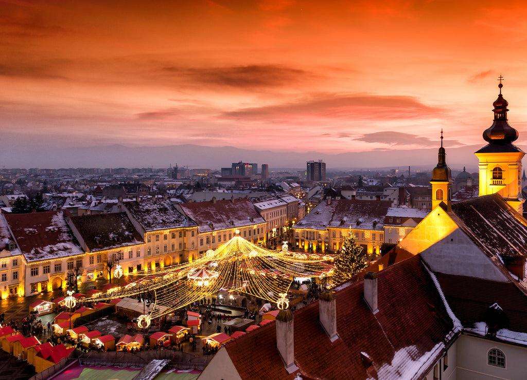 Christmas Market in Sibiu, Transylvania Romania. Beautifull sunset in the heart of Transylvania. City also known as Hermannstadt