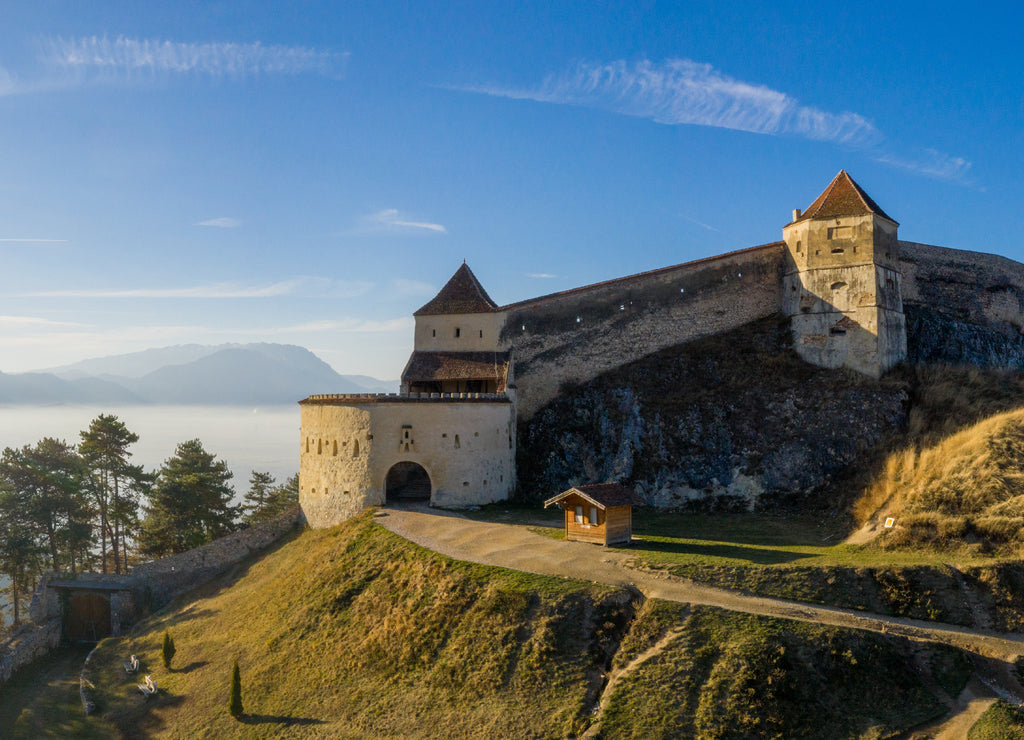 Aerial drone panoramic view of Historical fortress in Risnov or Rasnov. Romania