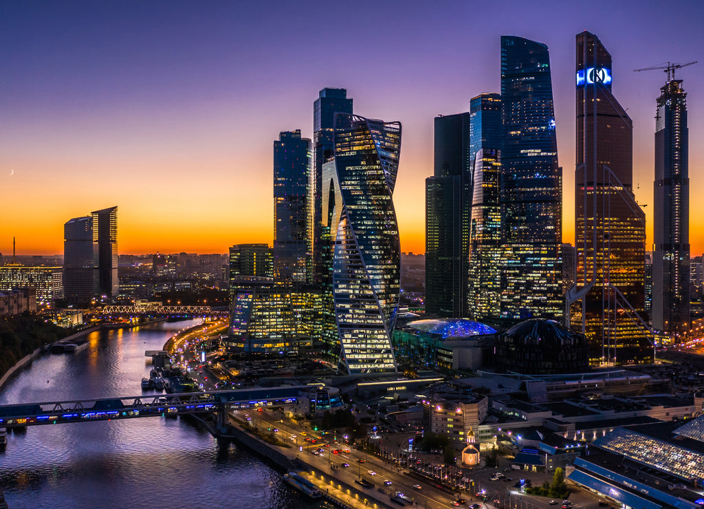 Aerial view sunset over Moscow City district and Moscow river, Russia