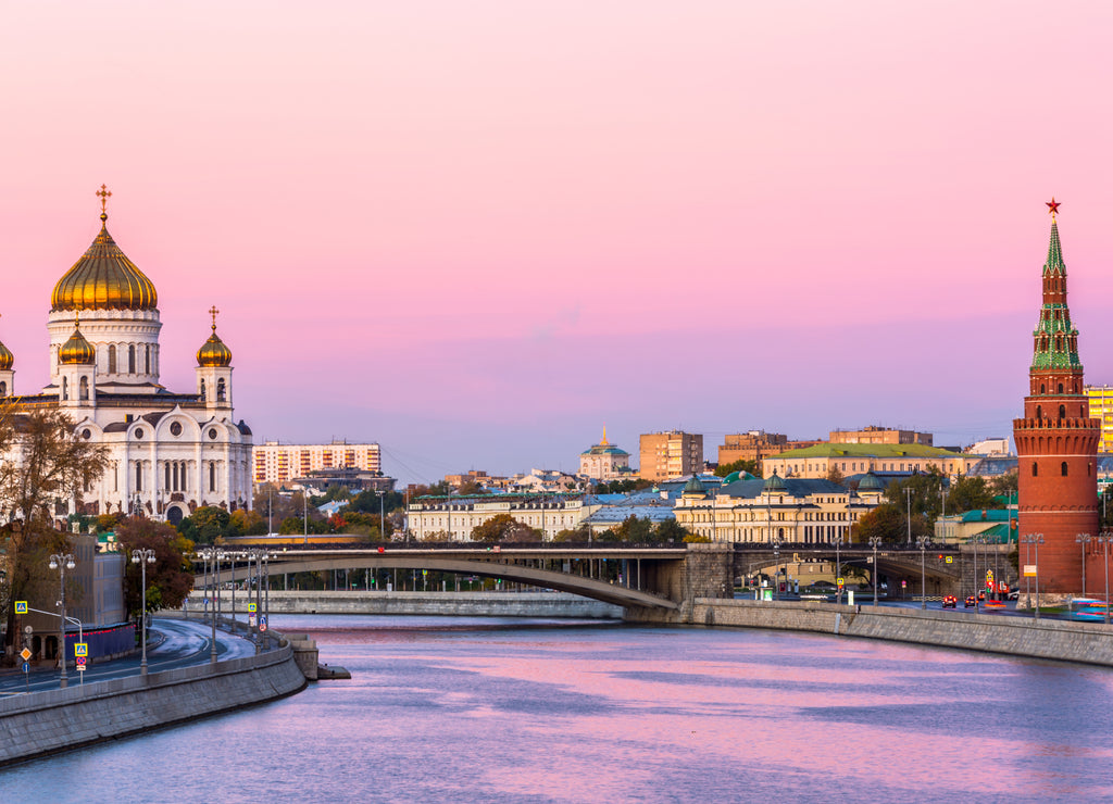 Cathedral of Christ the Savior and Moscow river at twilight in Moscow, Russia, Architecture and landmarks of Moscow