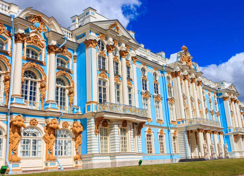 Catherine Palace is a Rococo palace located in the town of Tsarskoye Selo (Pushkin), 30 km south of Saint Petersburg, Russia. It was the summer residence of the Russian tsars
