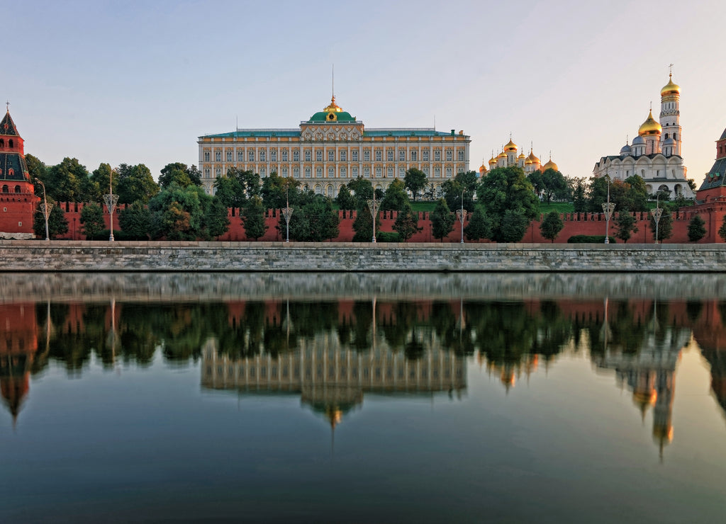 Moscow Kremlin frontal view and reflection in the river
