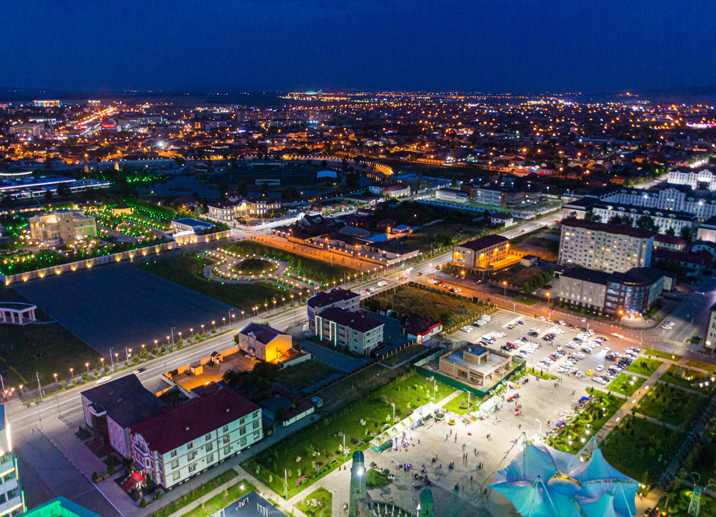 Night aerial view of Grozny, Russia