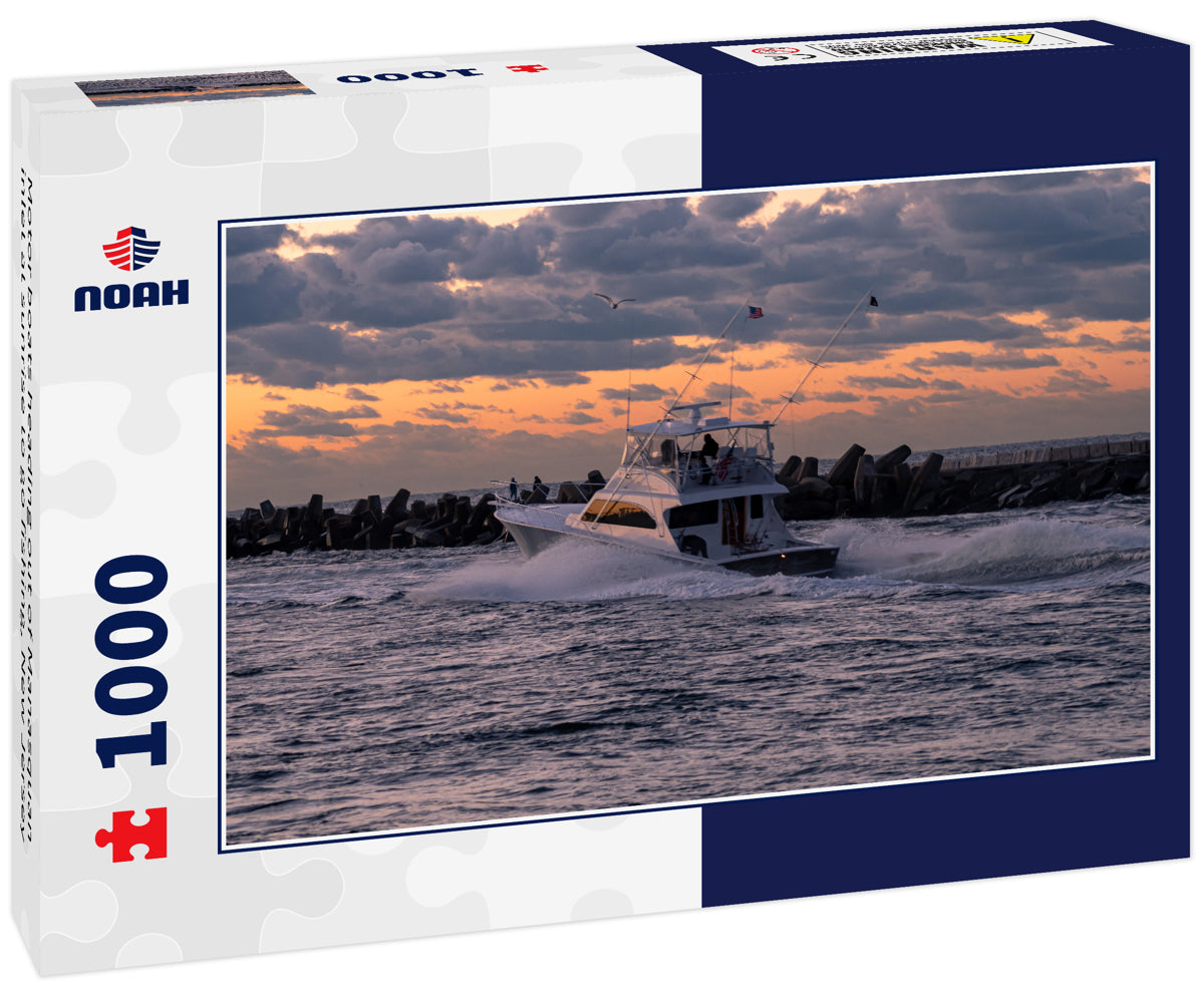 Motor boats heading out of Manasquan inlet at sunrise to go fishing, New Jersey