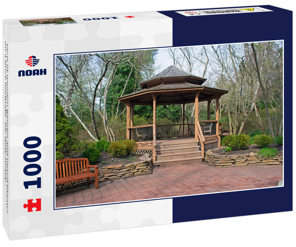 View of wooden gazebo and raised planter on a brick footpath -05, New Jersey