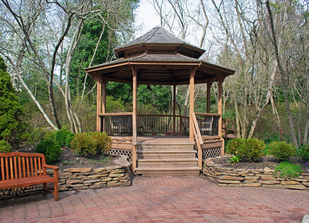 View of wooden gazebo and raised planter on a brick footpath -05, New Jersey