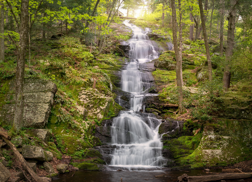 Panoramic view of Buttermilk Falls showing abundant spring runoff in Stokes State Forest, New Jersey