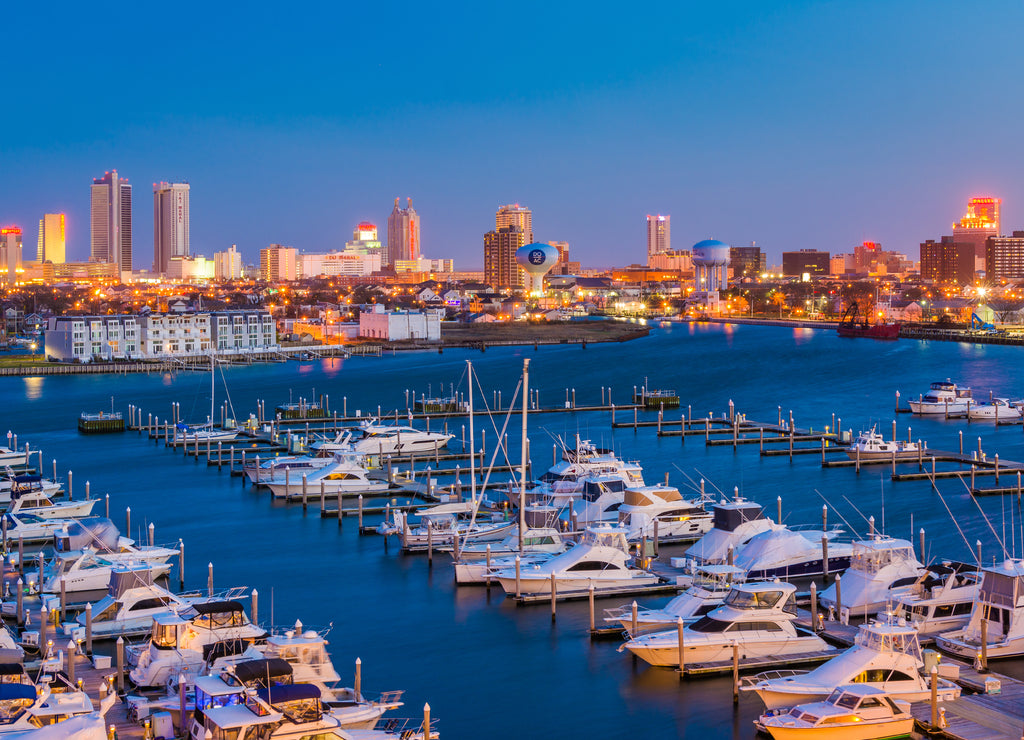 View of the Farley State Marina and skyline at night, in Atlantic City, New Jersey