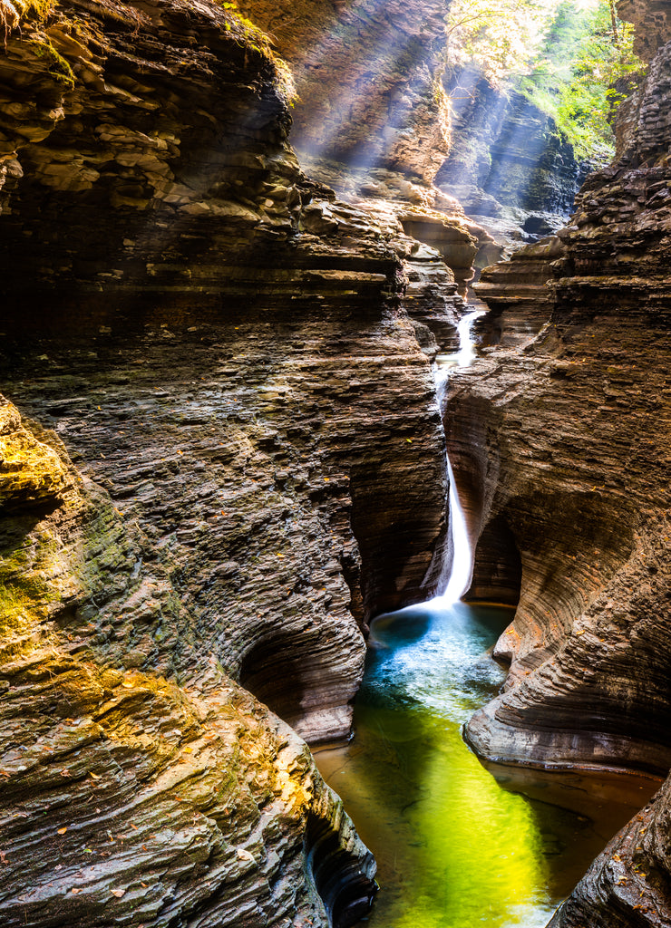 Sun rays shine through the foliage at Watkins Glen State Park, Upstate New York