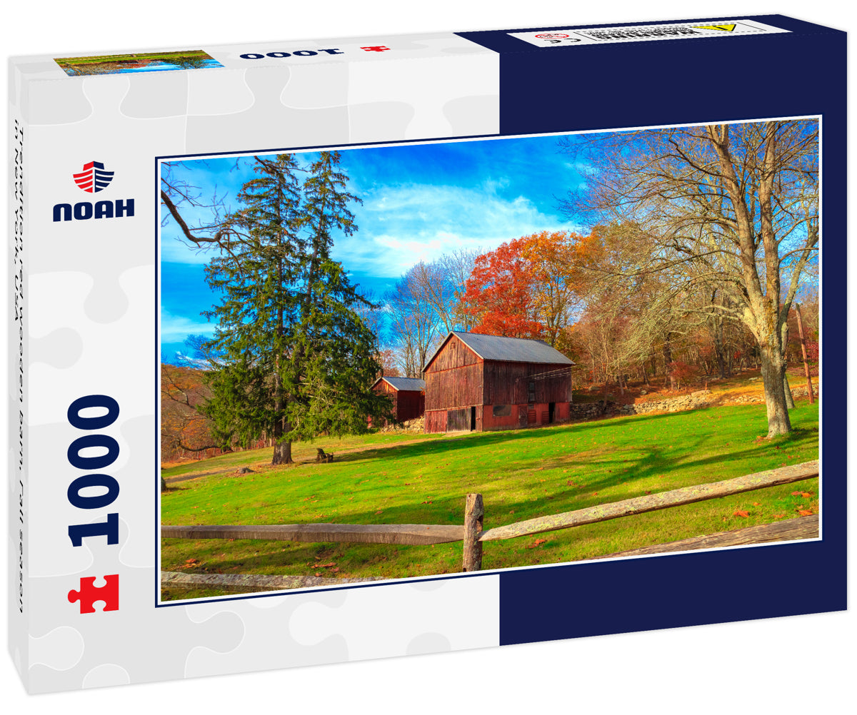 Trendition red wooden barn, Fall season in New York, USA