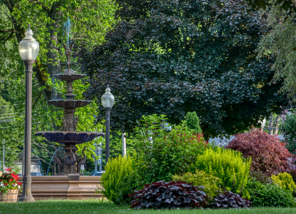 The village square, with historic fountain. Fort Plain, Montgomery County, New York, USA
