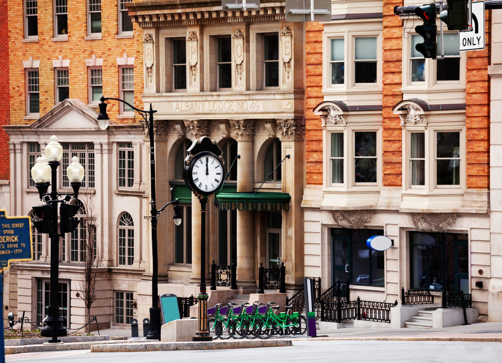 Outside clock on intersection of Eagle and State street in Albany, NY, USA